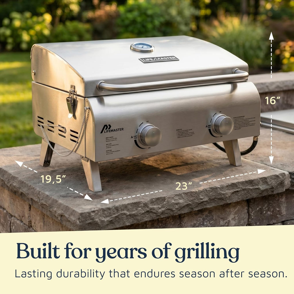 Lifemaster Portable Stainless Steel Gas Grill - 2 Burners Easy Clean Tabletop BBQ Propane Gas Grill with Foldable Legs and Wind Proof Lid for Camping and Outdoor - Silver