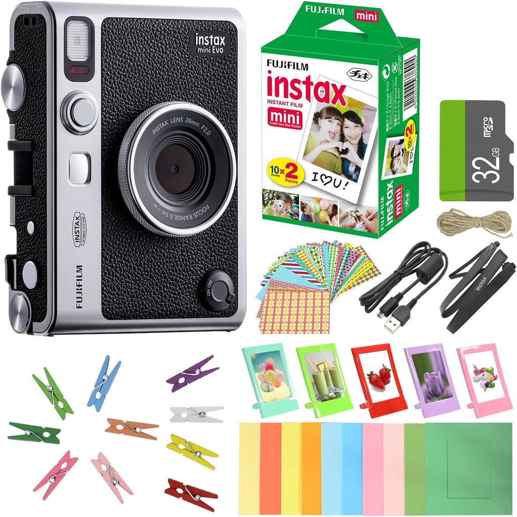 FUJIFILM INSTAX MINI EVO Hybrid Instant Camera + Fuji Instax Film Value Pack (20 Sheets) 32GB Accessories Bundle 5 Plastic Desk Frames + 10 Paper Frames Plus 60 Sticker Frames