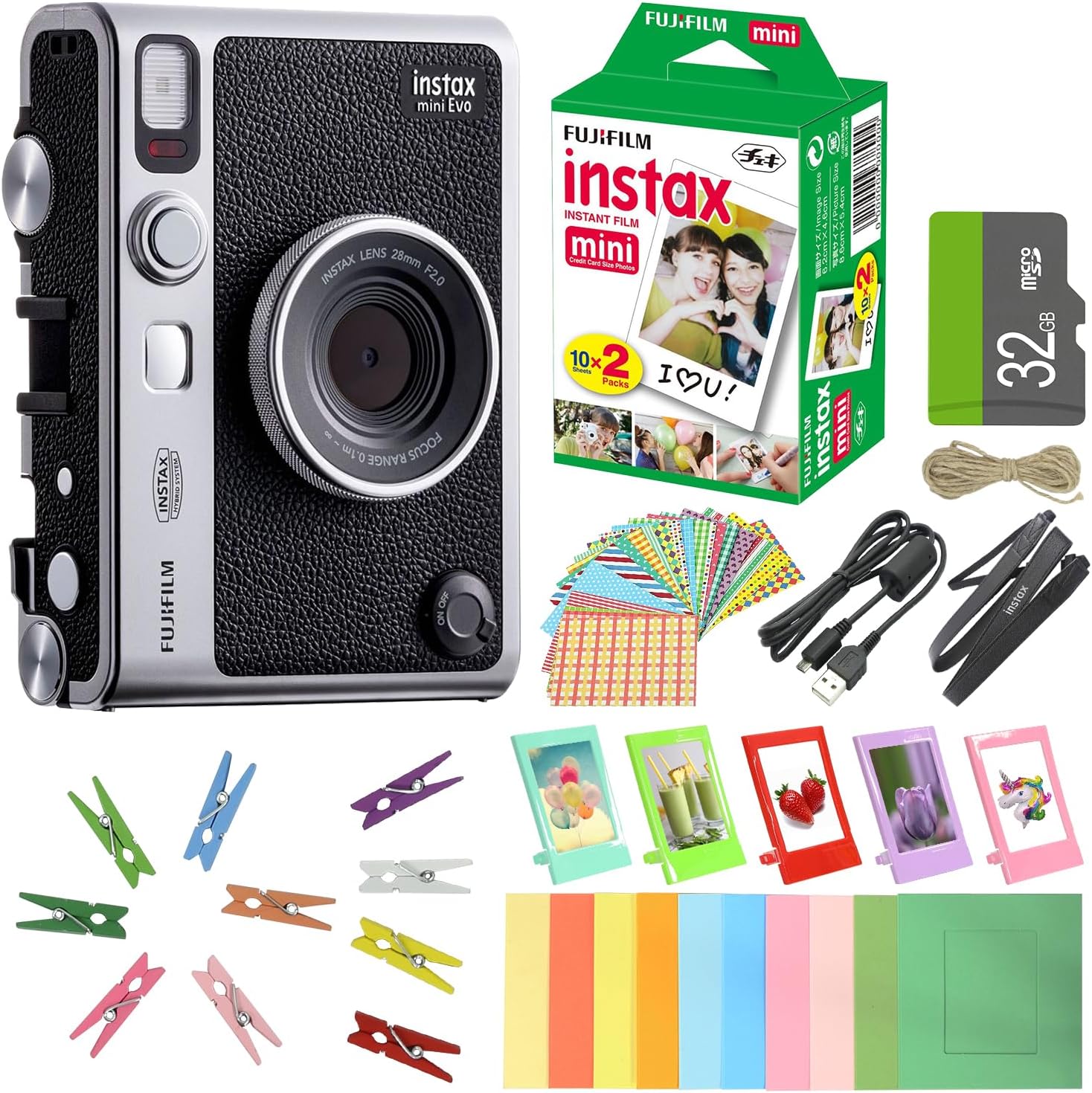 FUJIFILM INSTAX MINI EVO Hybrid Instant Camera + Fuji Instax Film Value Pack (20 Sheets) 32GB Accessories Bundle 5 Plastic Desk Frames + 10 Paper Frames Plus 60 Sticker Frames