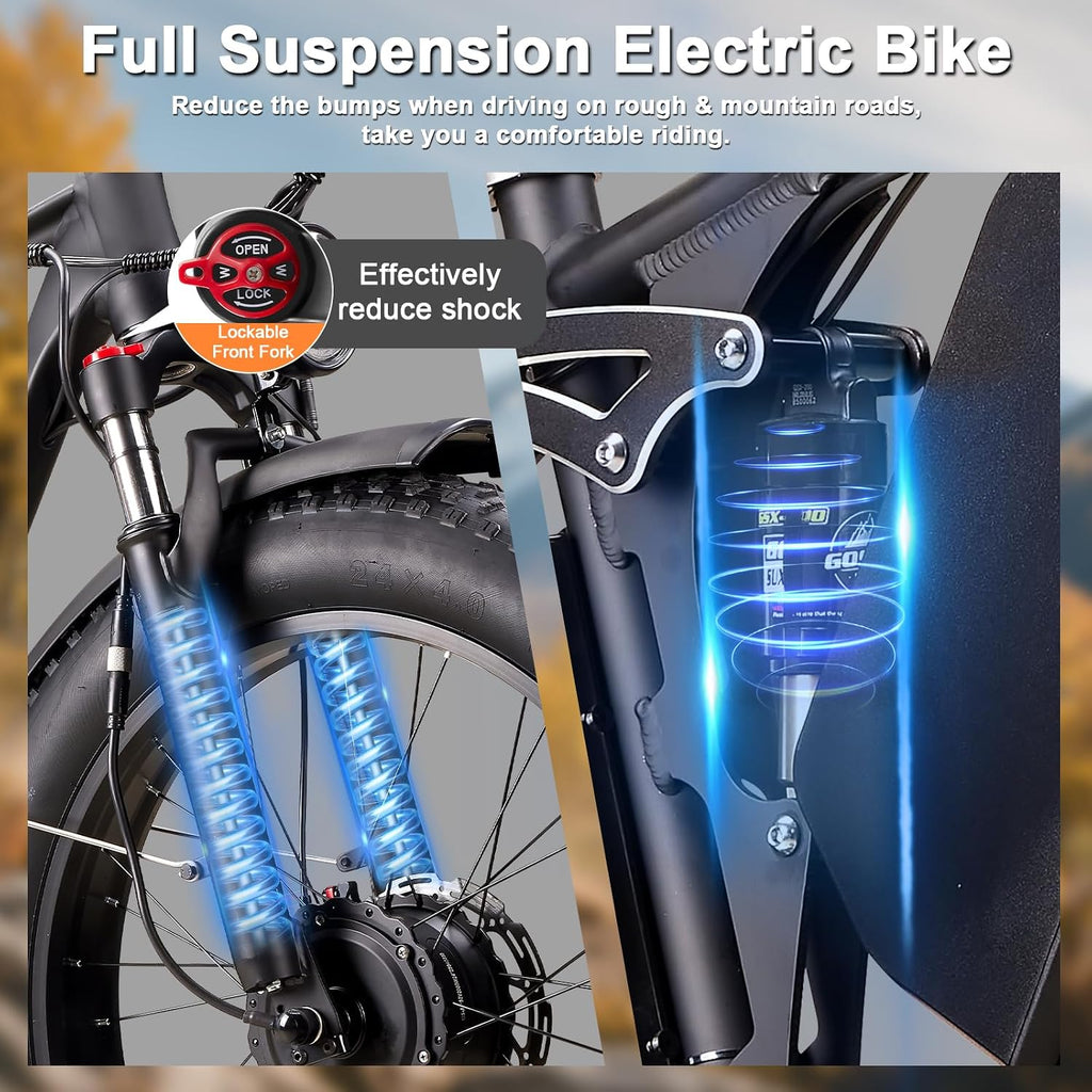 7000W Peak Dual-Motor-Ebike for Adults with 52V 34AH(1768Wh) Battery, 45MPH Fast E-Bike 100 Miles, 24' Fat Tire Electric Bike for Adults, Full Suspension Electric Bicycle Snow Off-Road (Black)