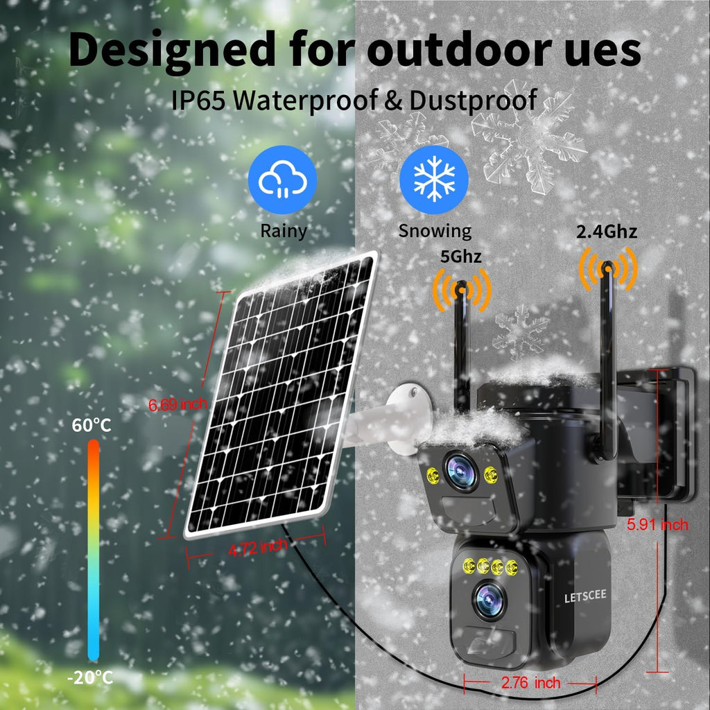 LETSCEE Security Cameras Outdoor WiFi,5G/2.4G Cameras for Home Security Solar Power with Dual Lens,Motion Detection,Night Vision,2-Way Audio,Weather Proof,No Subscription Fee