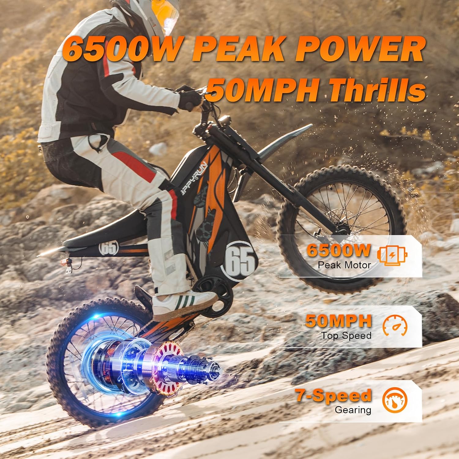 HAPPYRUN G300 Pro Electric Dirt Bike for Adults, 72V 30Ah Battery, 6500W Motor, 50 MPH Speed, 70 Mile Range, 350 Lbs Load Capacity, Hydraulic Brakes