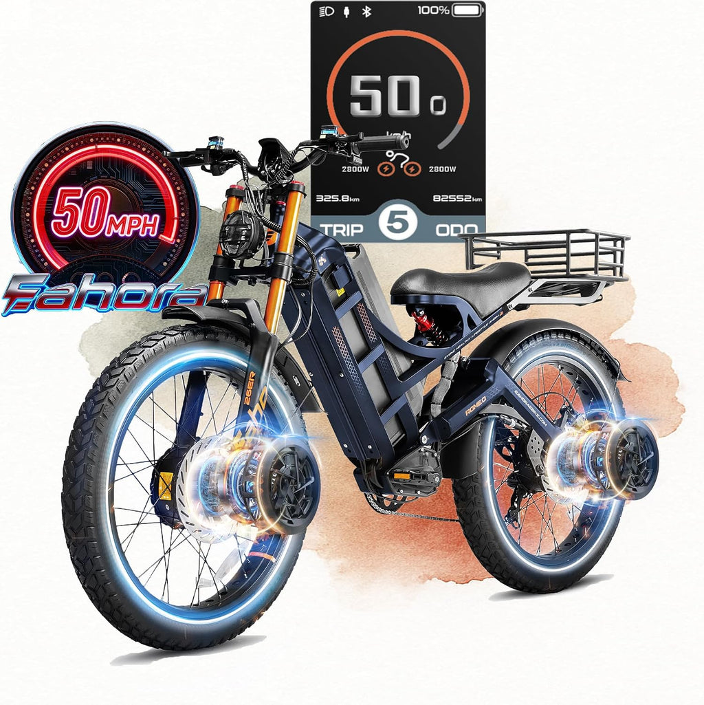 eAhora 2026 Romeo Pro 3 50MPH Electric Bike for Adults 5600W Dual Motor E Bike 60V/80Ah 250 Miles Long Range Electric Bicycle,26 * 4.0 Fat Tire Full Suspension Electric Mountain Bike Delivery Commute