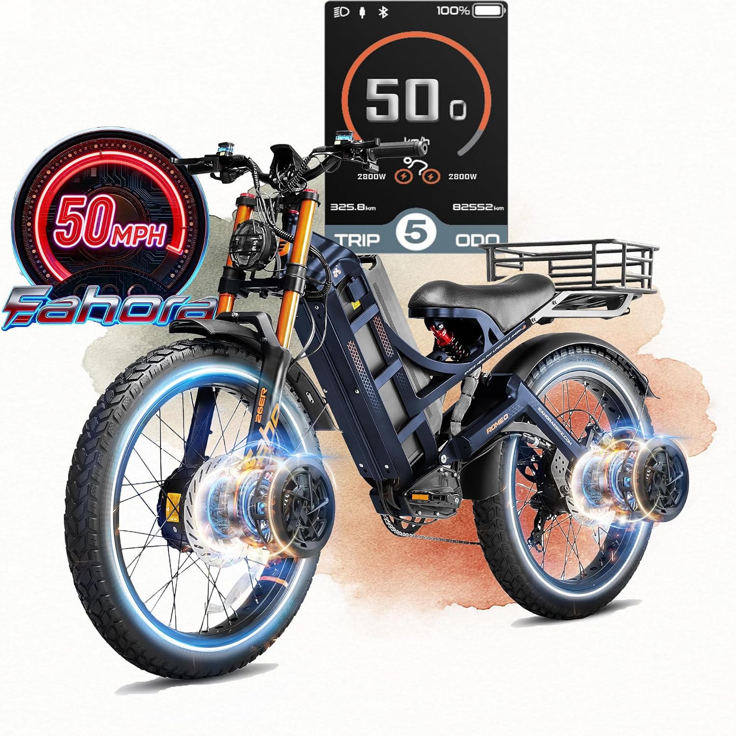 eAhora 2026 Romeo Pro 3 50MPH Electric Bike for Adults 5600W Dual Motor E Bike 60V/80Ah 250 Miles Long Range Electric Bicycle,26 * 4.0 Fat Tire Full Suspension Electric Mountain Bike Delivery Commute
