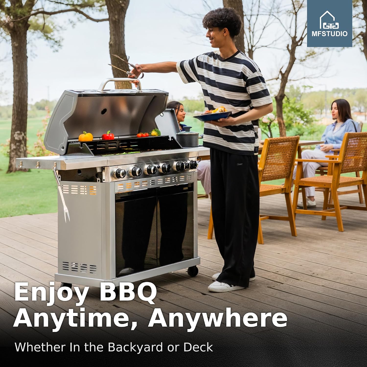 MFSTUDIO 6 Burner BBQ Propane Gas Grill with Side Burner & Porcelain-Enameled Cast Iron Grates, Grill Griddle Combo for Outdoor Barbecue, 740 SQ.IN. Large Cooking Area