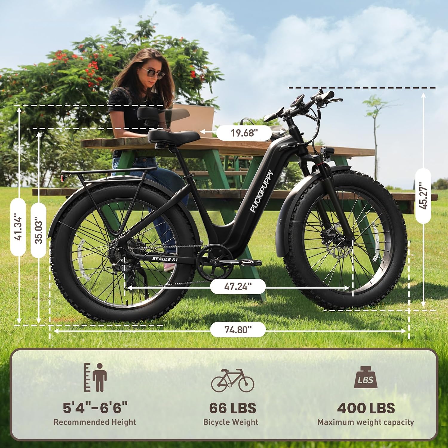 PUCKIPUPPY Electric Bike for Adults 960W, 26' Fat Tire, Step-Through Design Electric Mountain Hunting Bike, 48V 15AH Max 28MPH Off-Road Ebike with Rear Storage Shelf