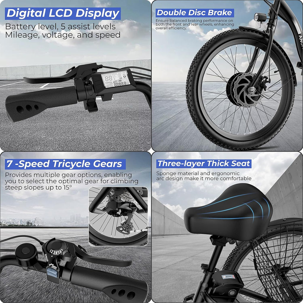 ANCHEER Electric Tricycle for Adults, Peak 600W Electric Trike, 24' 499Wh Folding 3 Wheel Ebike for Adults & Seniors, 15.5MPH & 55Miles Electric Bike, Rear Differential, Rear Basket