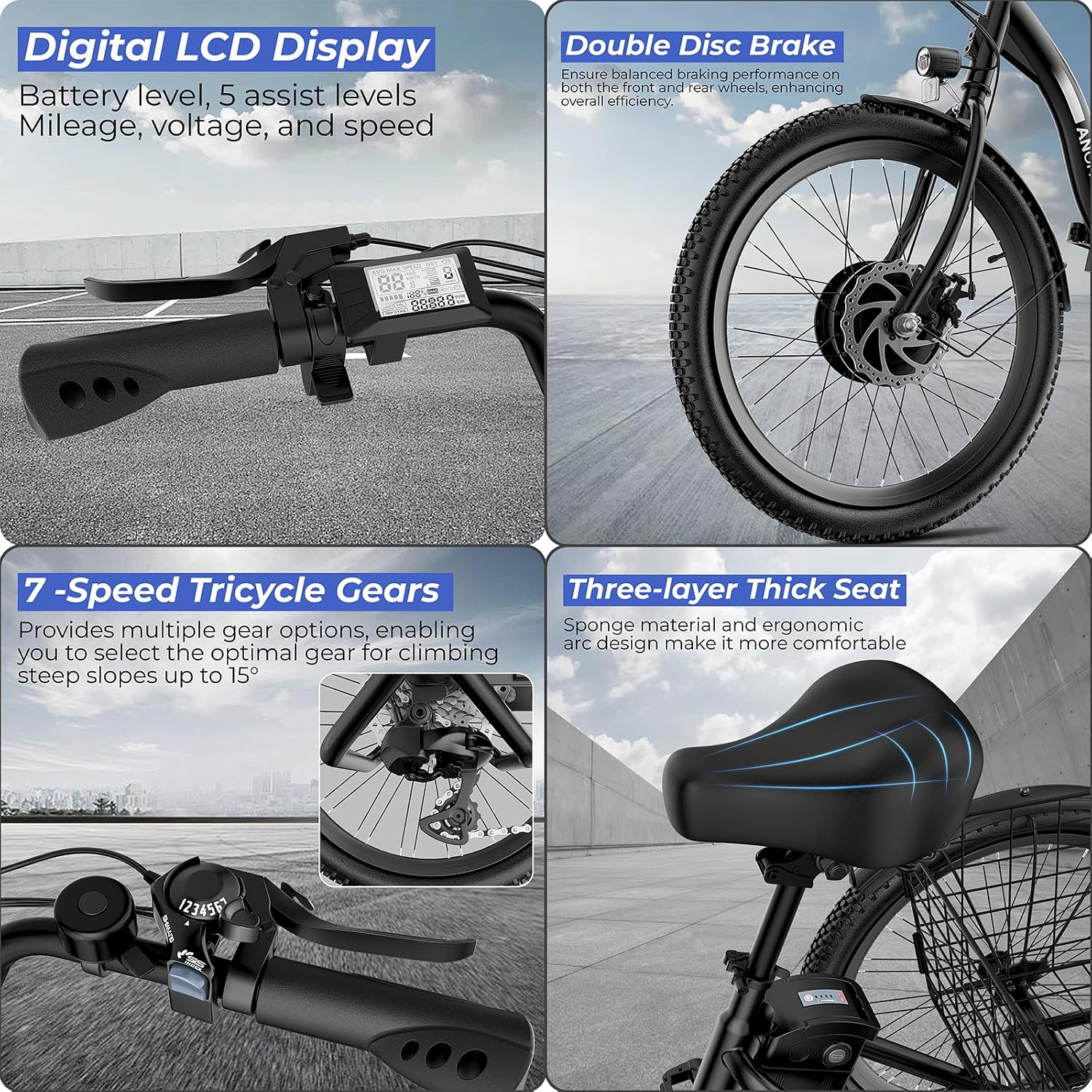 ANCHEER Electric Tricycle for Adults, Peak 600W Electric Trike, 24' 499Wh Folding 3 Wheel Ebike for Adults & Seniors, 15.5MPH & 55Miles Electric Bike, Rear Differential, Rear Basket