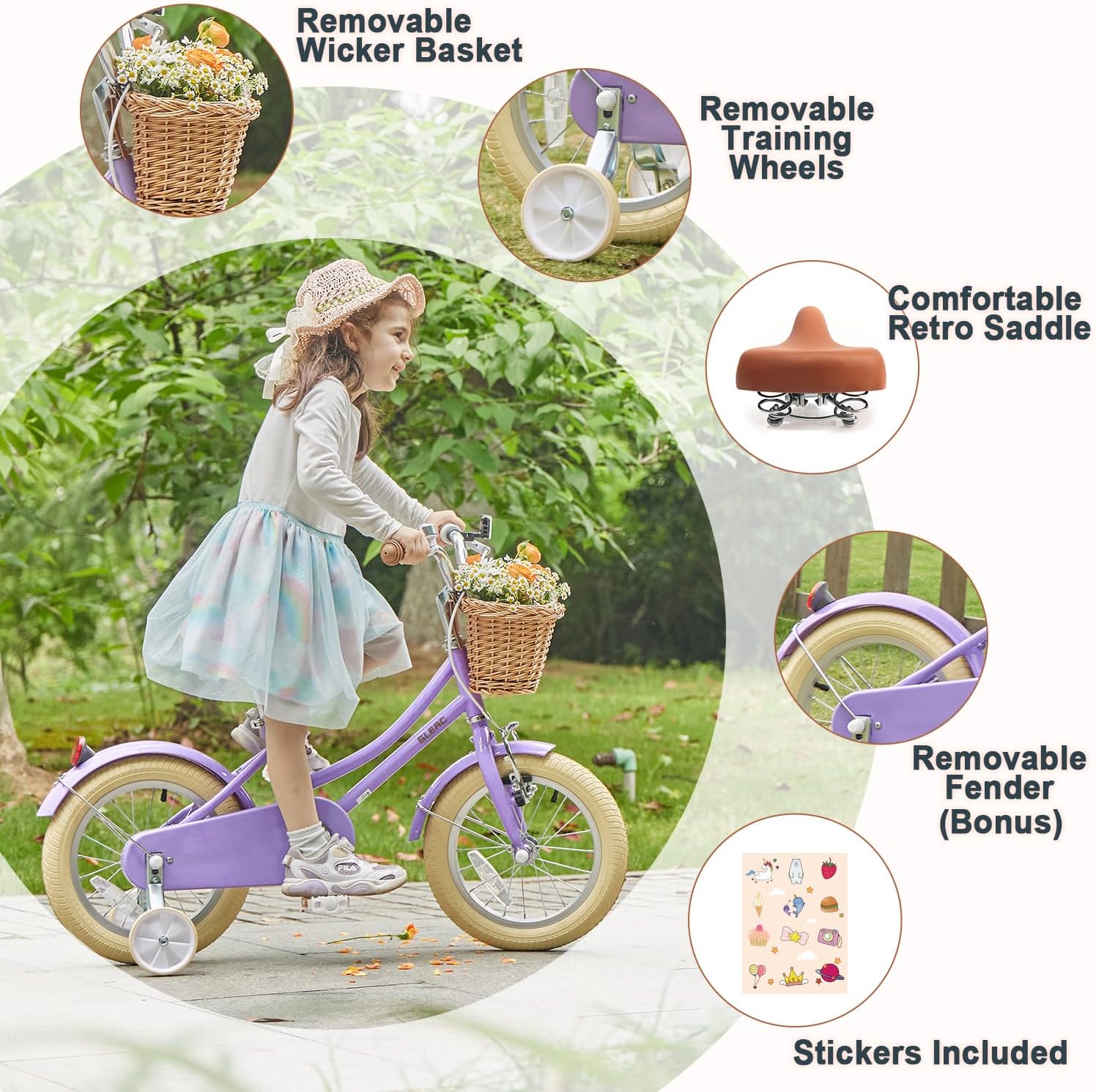 Glerc Little Molly 12-20 Inch Kids Retro Cruiser Bike for 2-13 Year Old with Wicker Basket & Training Wheels/Kickstand, Multiple Colors