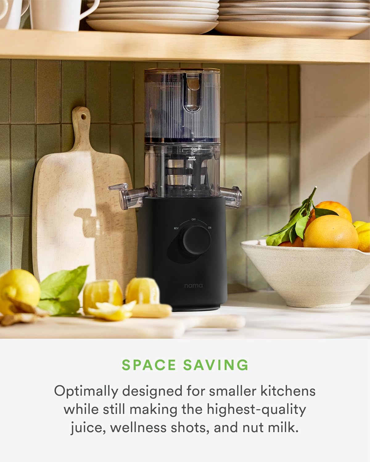 Nama J3 Compact Cold Press Juicer – Space Saving & Self Feeding for Hands-Free Operation – Lightweight, Portable Zero Waste Slow Masticating Juicer – Easy Cleanup & Assembly - Black