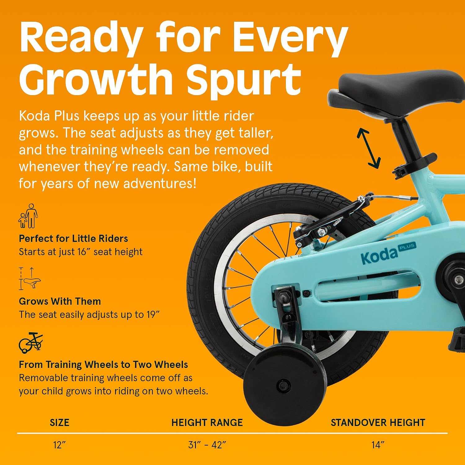 Retrospec Koda Plus Kids Bike for Boys & Girls Ages 2-3 Years - Children's Bicycle, Adjustable Seat & Handlebars, Removable Training Wheels, Front Hand Brakes, Rear Coaster Brake & Safety Bell