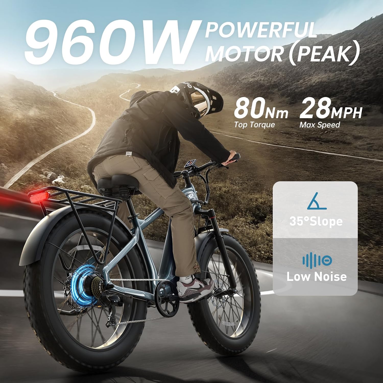 PUCKIPUPPY Electric Bike for Adults 960W, 26' Fat Tire 80Miles Range Electric Mountain Bike, 48V 15AH Removable Battery Ebike, 28MPH 7 Speed Aluminum Frame E Bike with Rear Storage Shelf