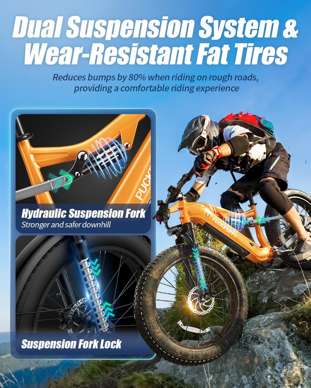 PUCKIPUPPY Electric Bike for Adults 1350W Peak, 28 MPH, 48V 20AH Battery Ebike, 26'x4' Fat Tire Full Suspension Electric Mountain Bike, 80 Miles Range, 8 Speed, Torque Sensor (Labrador Pro)