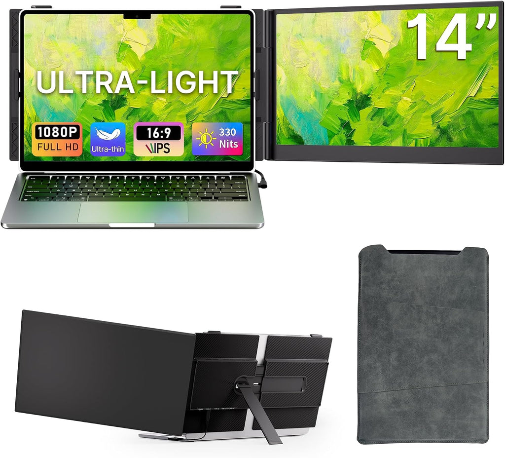 Laptop Screen Extender - 14' Ultra Thin and Light Travel Monitor for Laptop FHD 1080P Portable Second Monitor IPS Screen Display Plug & Play for Mac Windows Android iOS