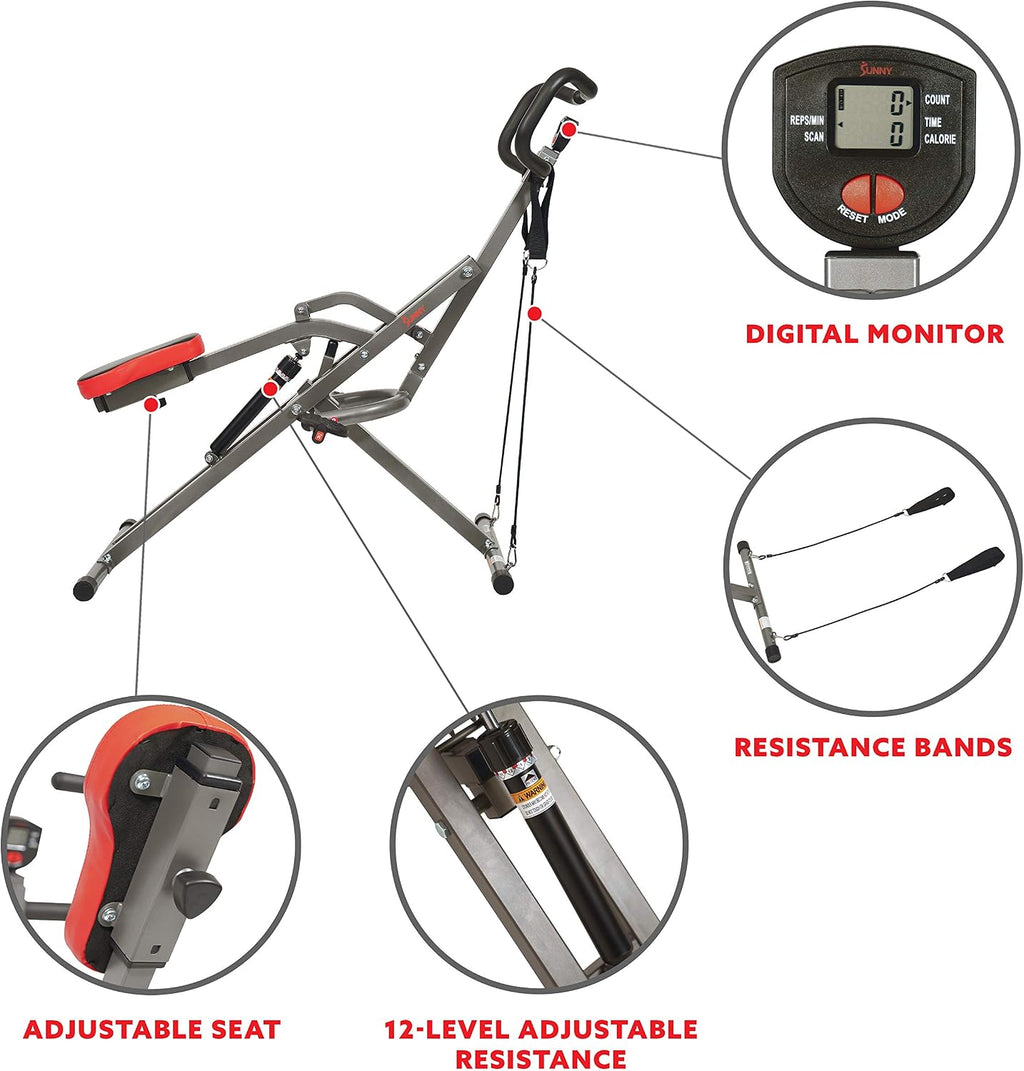 Sunny Health & Fitness Row-N-Ride PRO, Full Body Combo Squat Machine w/Optional Resistance Band, Easy Setup Ab Workout Exercise Equipment for Home, Whole Body Cardio, Optional SunnyFit App Connection