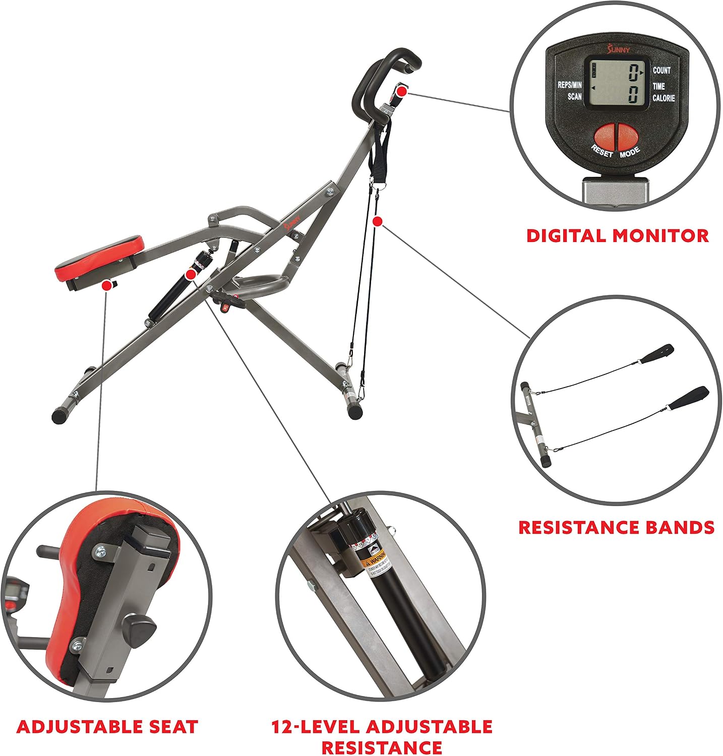 Sunny Health & Fitness Row-N-Ride PRO, Full Body Combo Squat Machine w/Optional Resistance Band, Easy Setup Ab Workout Exercise Equipment for Home, Whole Body Cardio, Optional SunnyFit App Connection