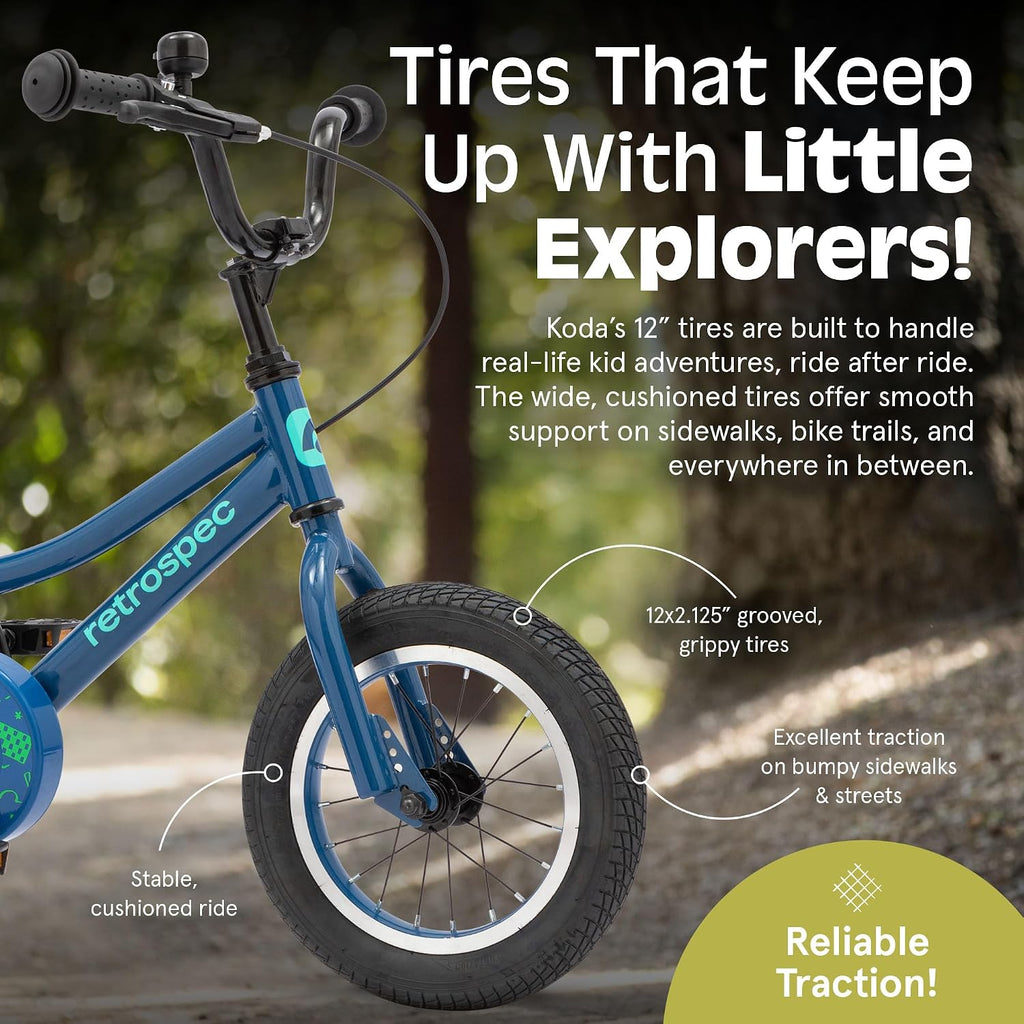 Retrospec Koda Plus Kids Bike for Boys & Girls Ages 2-3 Years - Children's Bicycle, Adjustable Seat & Handlebars, Removable Training Wheels, Front Hand Brakes, Rear Coaster Brake & Safety Bell
