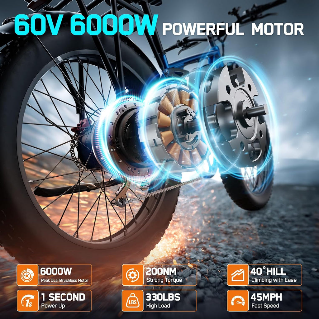 6000W Electric Bike for Adults,60V 1200WH 45MPH Dual Motor Mountain Ebike Up to100 Miles Long Range Electric Bicycle 24' Fat Tire Fast Bicycle for Men Women Full Suspension Brake/Turn Signal