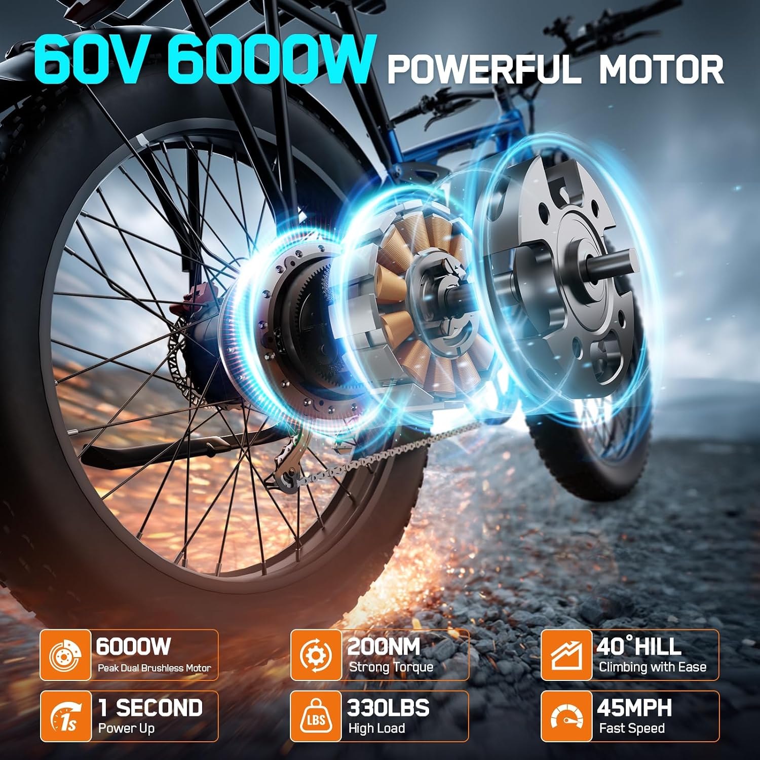 6000W Electric Bike for Adults,60V 1200WH 45MPH Dual Motor Mountain Ebike Up to100 Miles Long Range Electric Bicycle 24' Fat Tire Fast Bicycle for Men Women Full Suspension Brake/Turn Signal