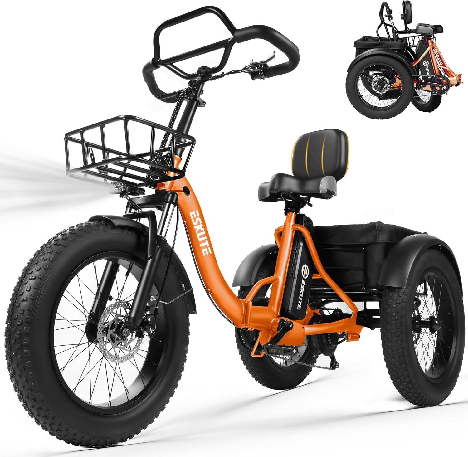 ESKUTE T300 Pro Electric Trike for Adults, 998.4Wh Long-Range Battery, 1200W Peak Motor, 20'x4.0' Fat Tires, Foldable 3-Wheel Butterfly Handlebar E-Bike with Storage Bags