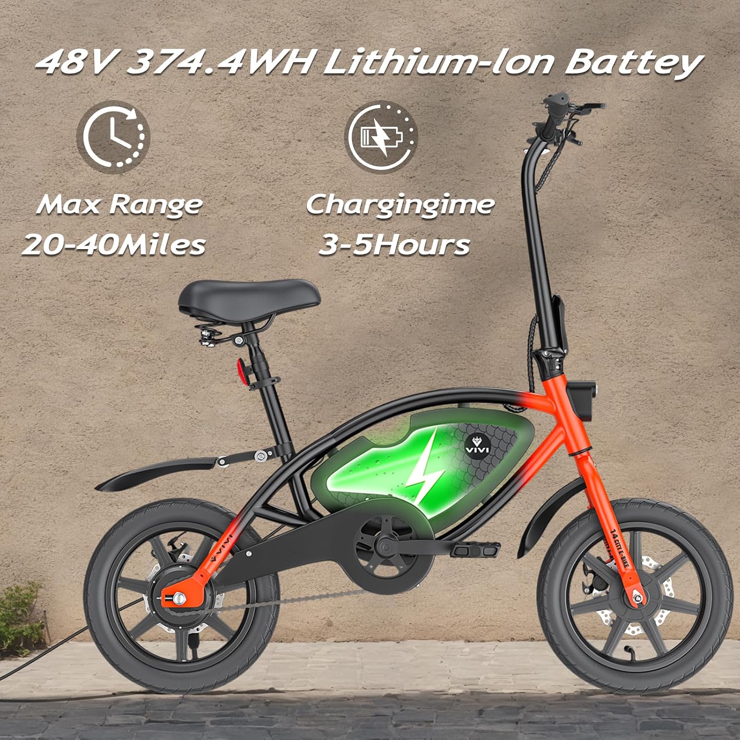 Vivi PONY01 Electric Bike, 14' Electric Bicycle for Adults and Teens Peak 500W Motor 48V 374.4WH Battery, Max 40 Miles Range(Pedal-Assist) & Top 20 Mph, Cruise Control, SGS Certified to UL2849