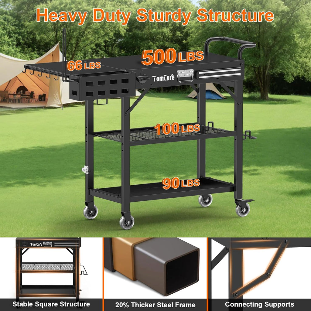 TomCare Grill Table with 3-Tier Storage Shelves Lockable Wheels Grill Cart with Silicone Grill Mat Heavy Duty Outdoor Tabletop Griddle Stand Holds 500Lbs Fits 22' Blackstone Ninja Cuisinart BBQ Grill