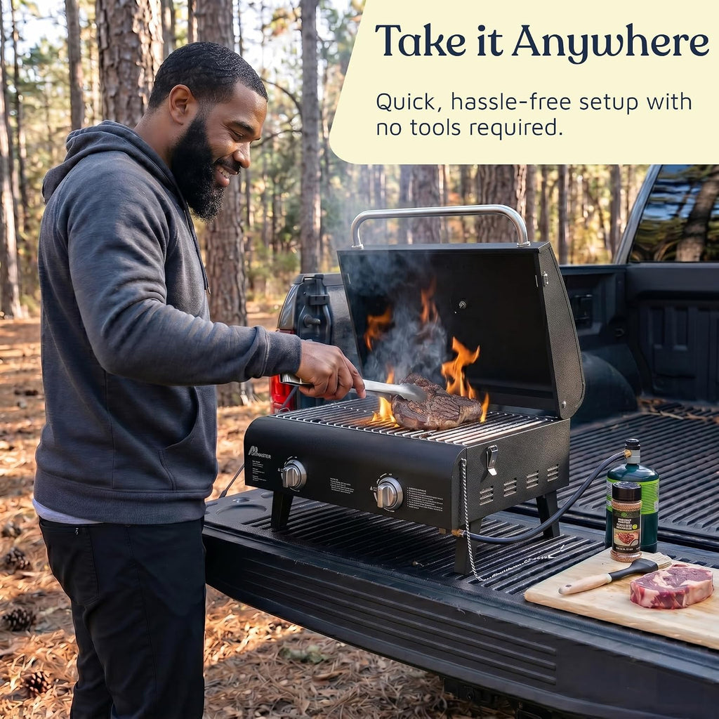 Black Portable Gas Grill, Dual 10,000 BTU Burners, 275 Sq.In Cooking Space, Push-to-Start Ignition, Wind-Proof Lid with Built-in Thermometer, Perfect for Camping Tailgates & Backyard BBQ Cookouts