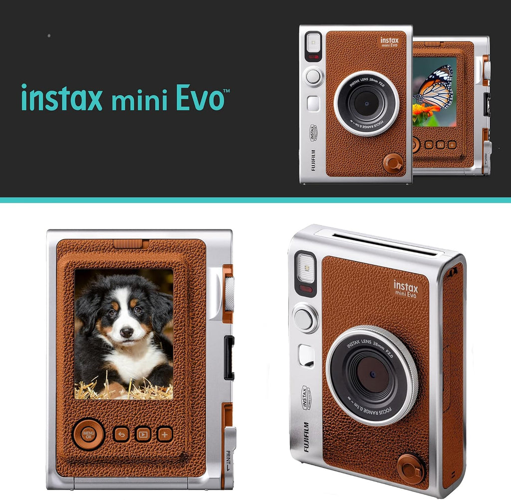 Fujifilm Instax Mini EVO Hybrid Brown Instant Camera Bundle with Case Compatible with Fujifilm Instax Mini EVO + Fujifilm Instax Mini Twin Pack Instant Film (16437396)
