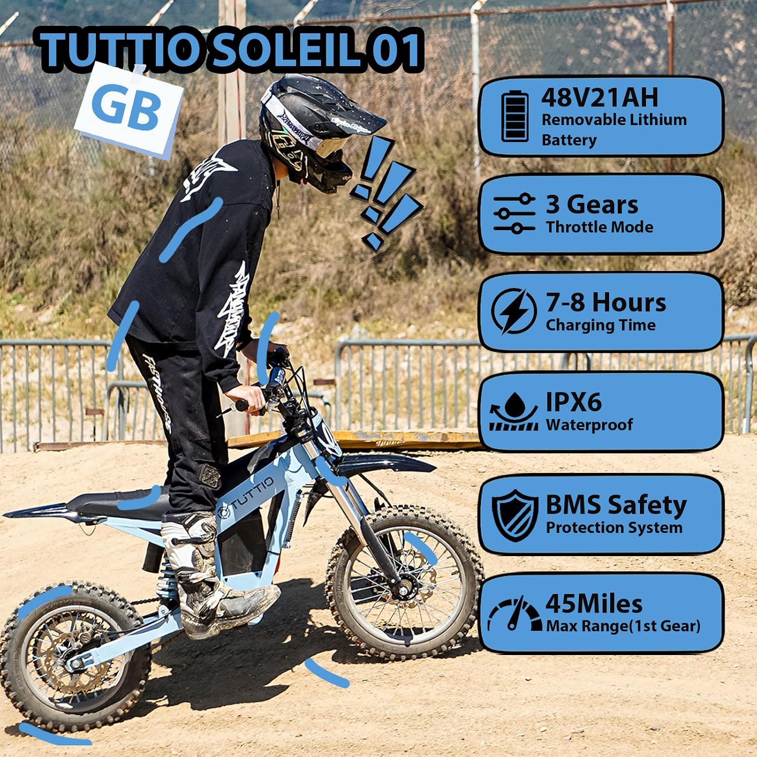 Tuttio Soleil01 / Soleil01-LO Electric Dirt Bike for Teens Adults, 3000W Mid-Drive E-Motorcycle 37MPH 48V 21Ah Battery, 14'/12' Off-Road E-Bike with Full Hydraulic Brakes & Suspensions for Mountain