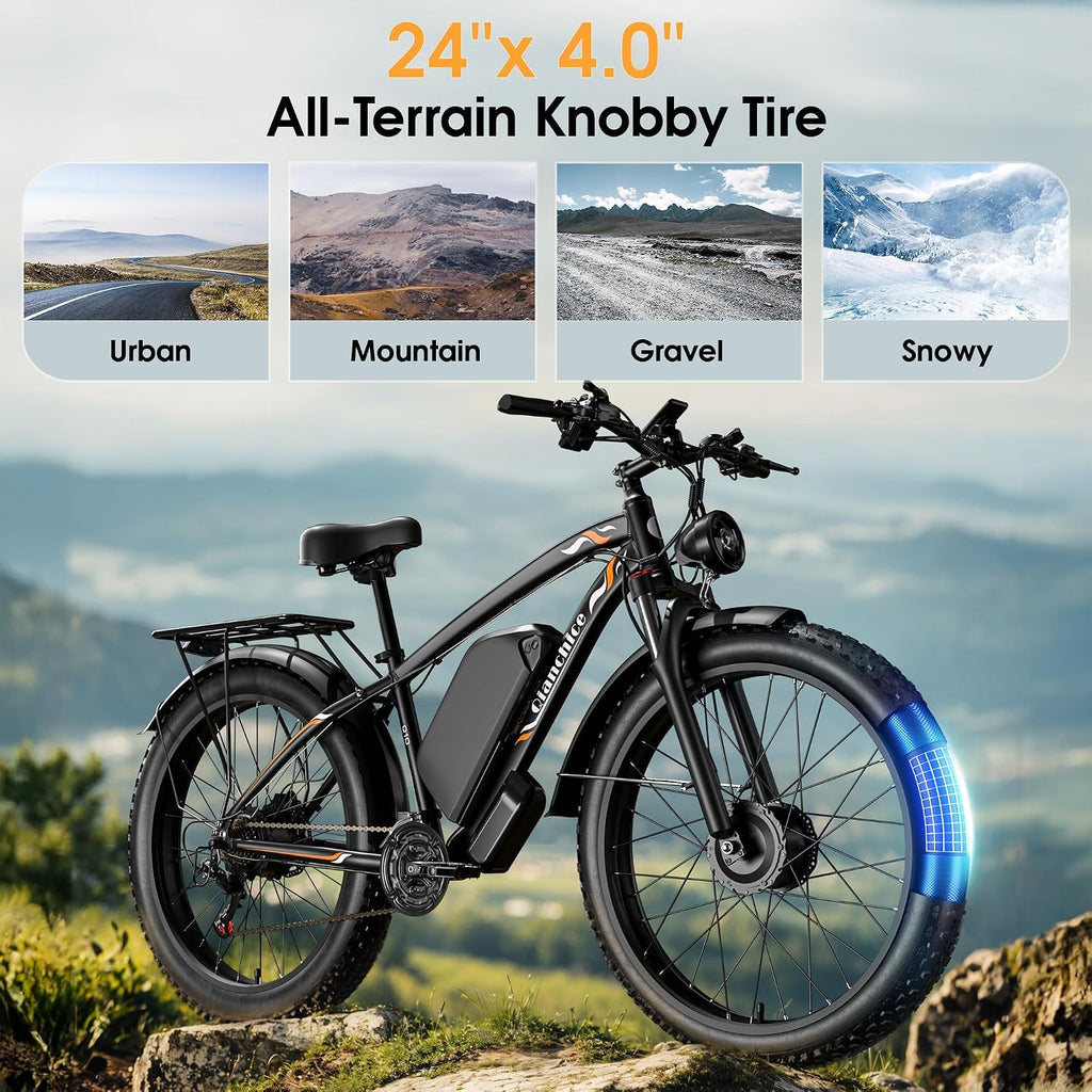 Dual Motor Electric Bike for Adults-6000W Peak, 52V 34AH Battery, 40-45MPH 100 Miles Long Range Ebike, Fat Tire 24 Inch, 7-Speed Hydraulic Brake, Electric Bicycles for Mountain Commuter