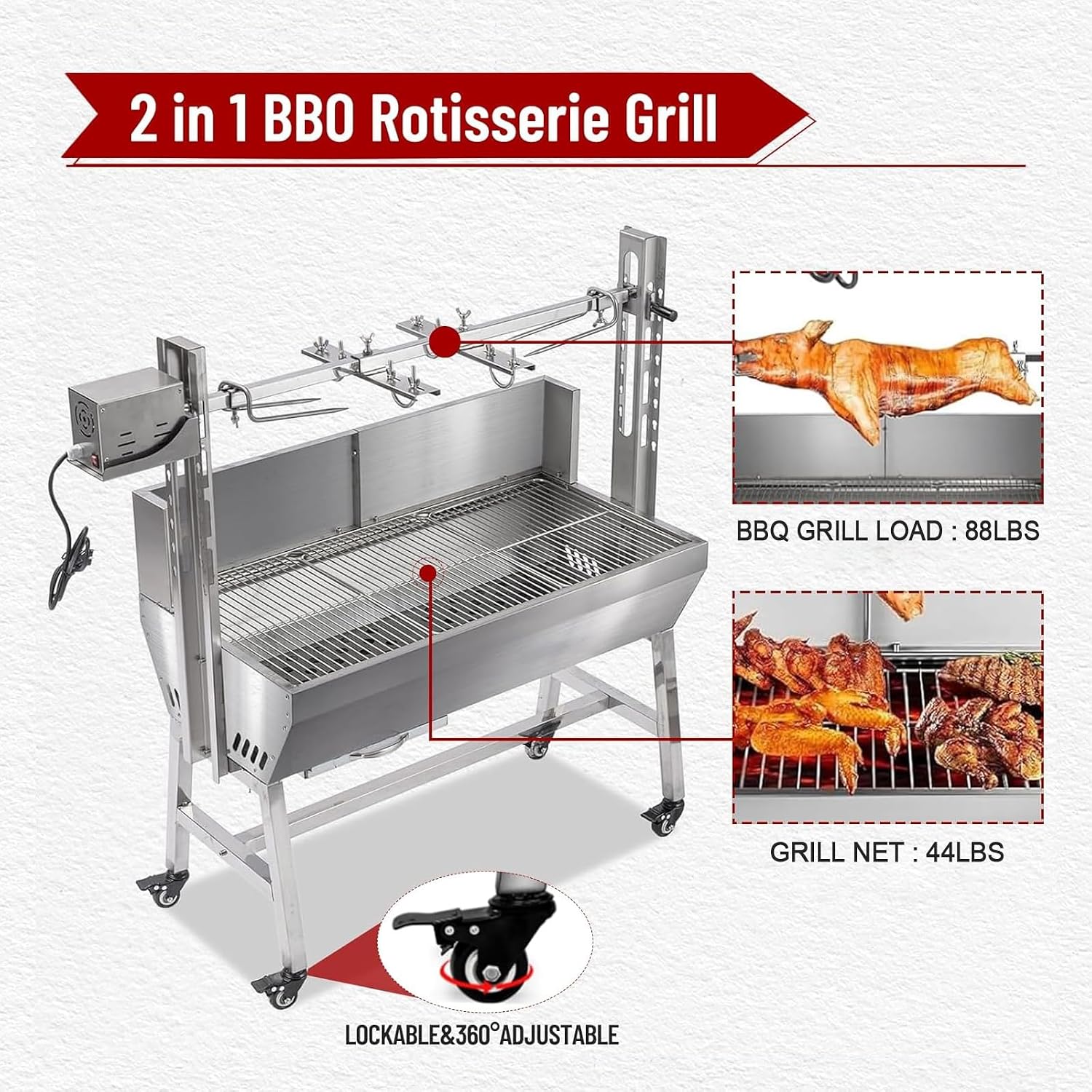 37' Electric Rotisserie Grill, Pig Lamb Spit Roaster Stand Rotisserie 132 Lbs Capacity With Adjustable Height, BBQ Charcoal Rotisserie Grill Kit Stainless Steel For Outdoor Party Camping