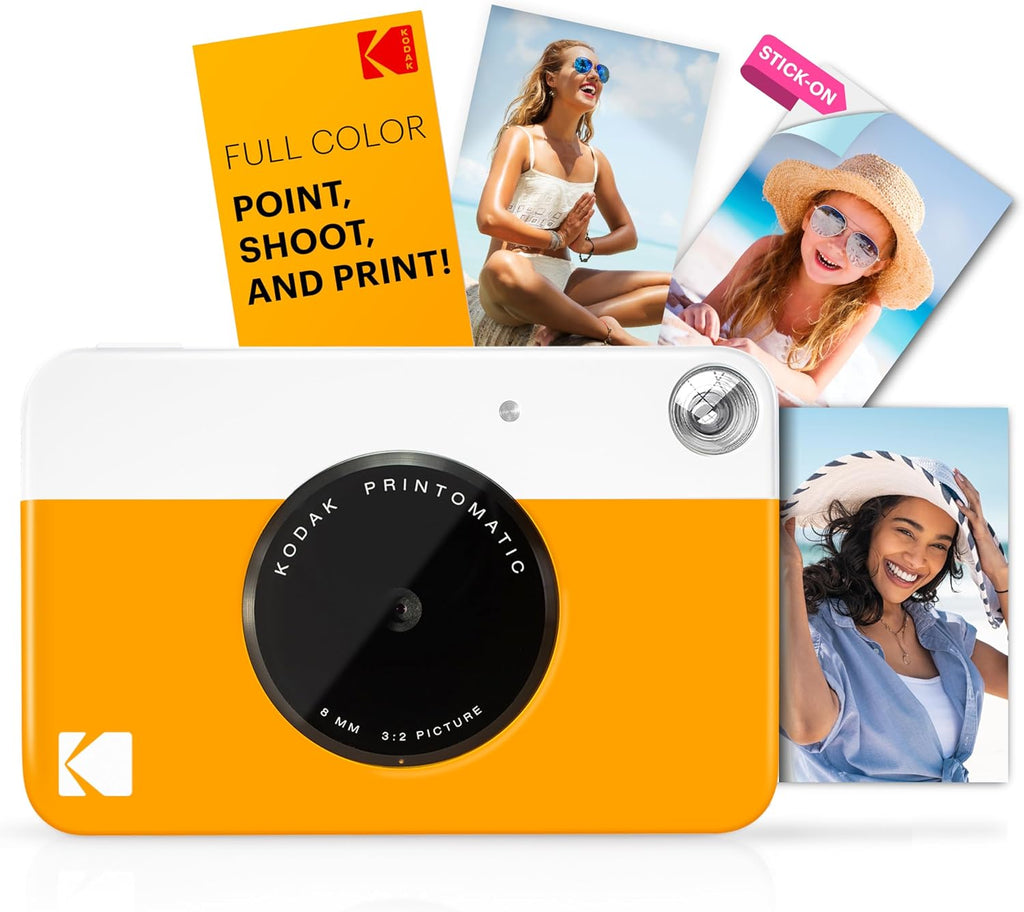 Kodak Printomatic Instant Camera (Yellow) All-in-Bundle + Zink Paper (20 Sheets) + Deluxe Case + Photo Album + 7 Sticker Sets + Markers + Scissors and More