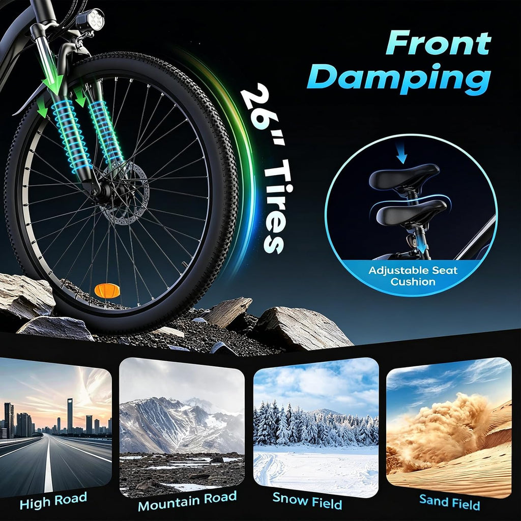 Electric Bike - Electric Bike for Adults, 1500w/1000W/750W Peak Motor, Up to 55 Miles, 20MPH EBike, 26'' Tires Lightweight E Bike for Commuting Mountain Road Sand