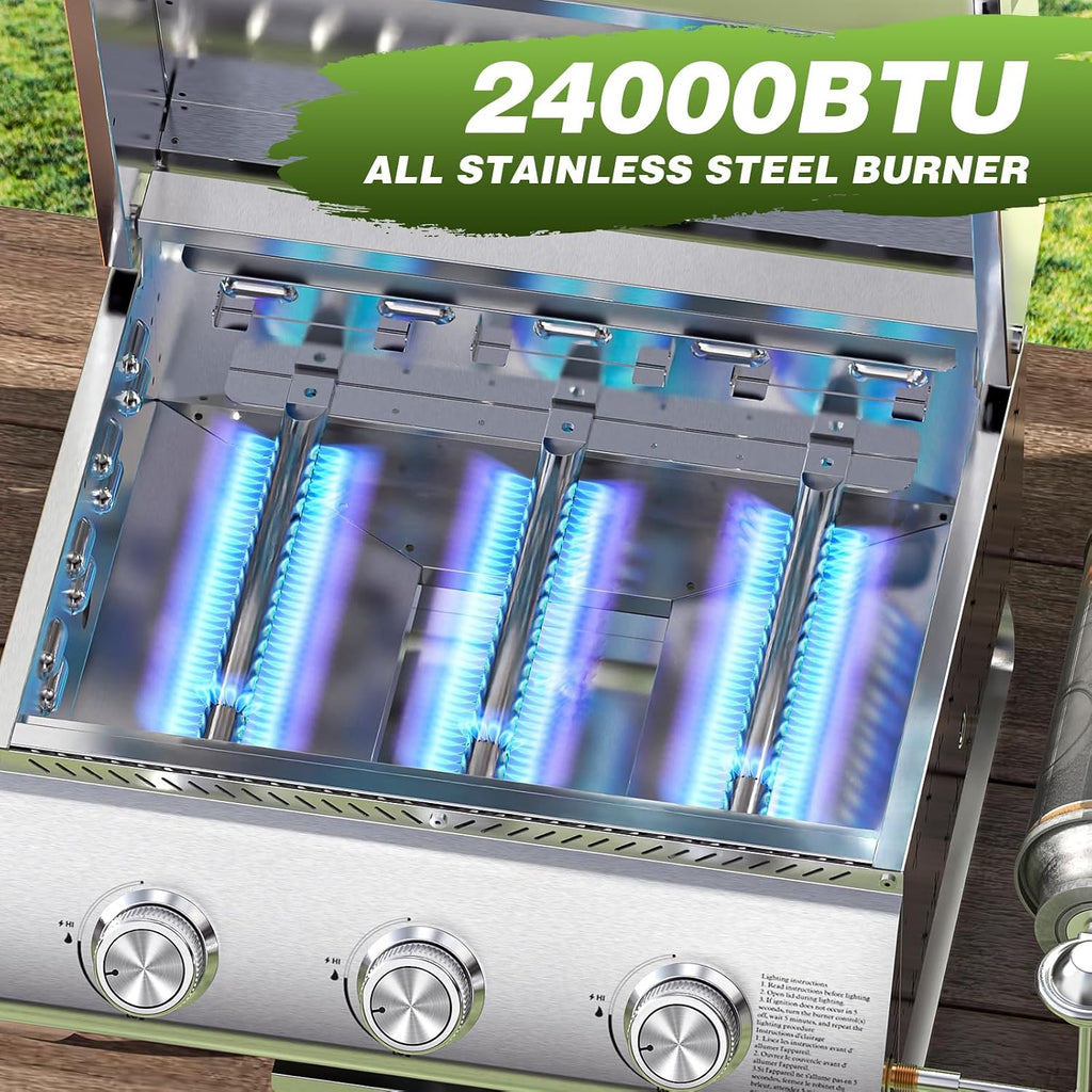 COWSAR Portable 3-Burner Table Top Gas Grill with Griddle, Stainless Steel BBQ Propane Grill, Flat Top Grill with Lid for Outdoor Cooking Camping or Tailgating, 24,000 BTU