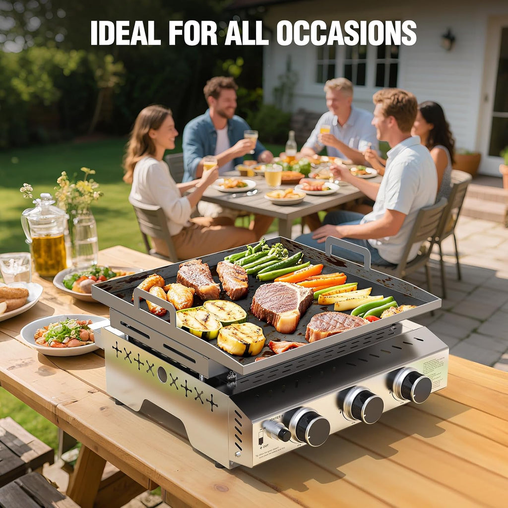COWSAR Stainless Steel Portable Grill with 3 Burners, 24 Inch Tabletop Gas Grill with Cooking Grate for Camping, Outdoor Cooking, Patio&Garden