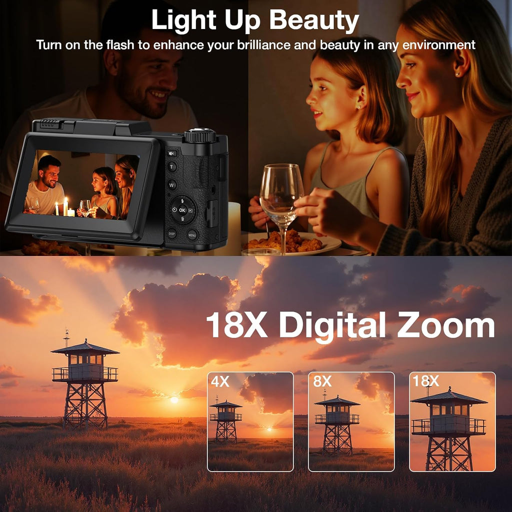 5K Digital Camera with WiFi for Photography, 64MP Vlogging Camera with Flip Screen for YouTube, Includes 64GB SD Card, Tripod, Selfie Light & 2 Batteries