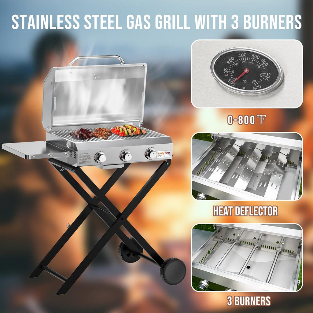 BBQ Gas Grill 3-Burner with Foldable Cart & Side Table, Premium Portable Propane Grill with 22' Cooking Grate for Outdoor Patio Backyard Barbecue Camping Tailgating RV, Stainless Steel, Classic GS308