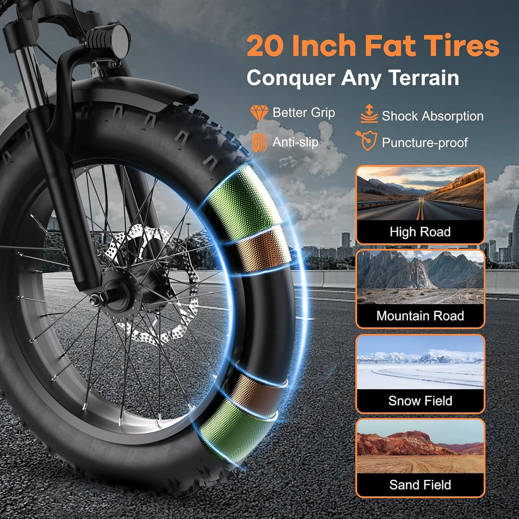 EUYBIKE Folding Electric Bike for Adults with Peak 1000W Motor, 48V 20AH Battery up to 80 Miles, 20' Fat Tire All Terrain Ebike, Front Suspension 7-Speed Commuter E Bike, Step-Thru, UL Certified