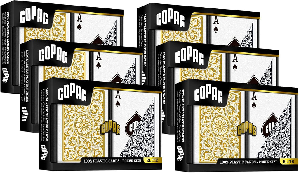 Copag 1546 Design 100% Plastic Playing Cards, Poker Size (Standard) Black/Gold (Regular Index, 6 Sets)