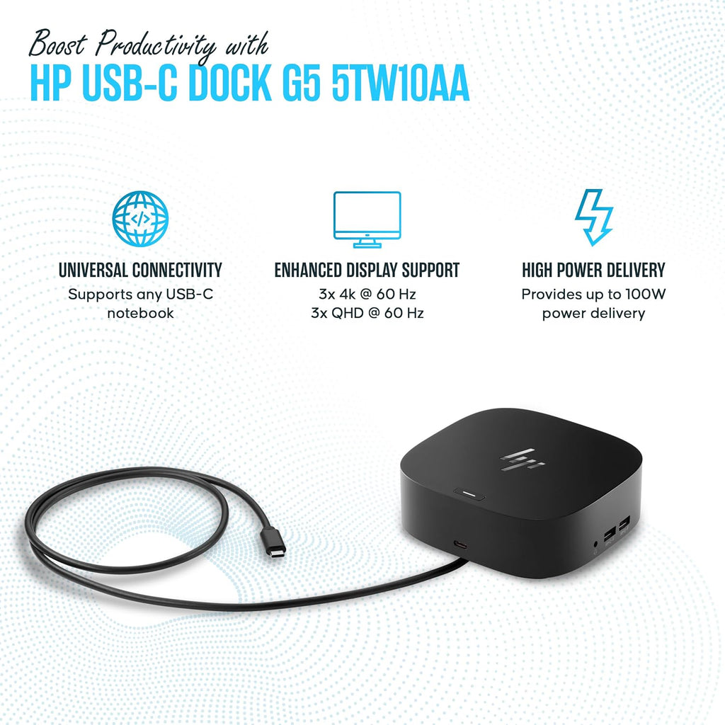 HP Docking Station for Laptop Dual Monitor and Charging - 5TW10AA / 5TW10UT / 5TW10AA#ABB USB-C G5 Dock with 120W AC Adap TER + HDMI Cable + DisplayPort Cable + Cleaning Cloth