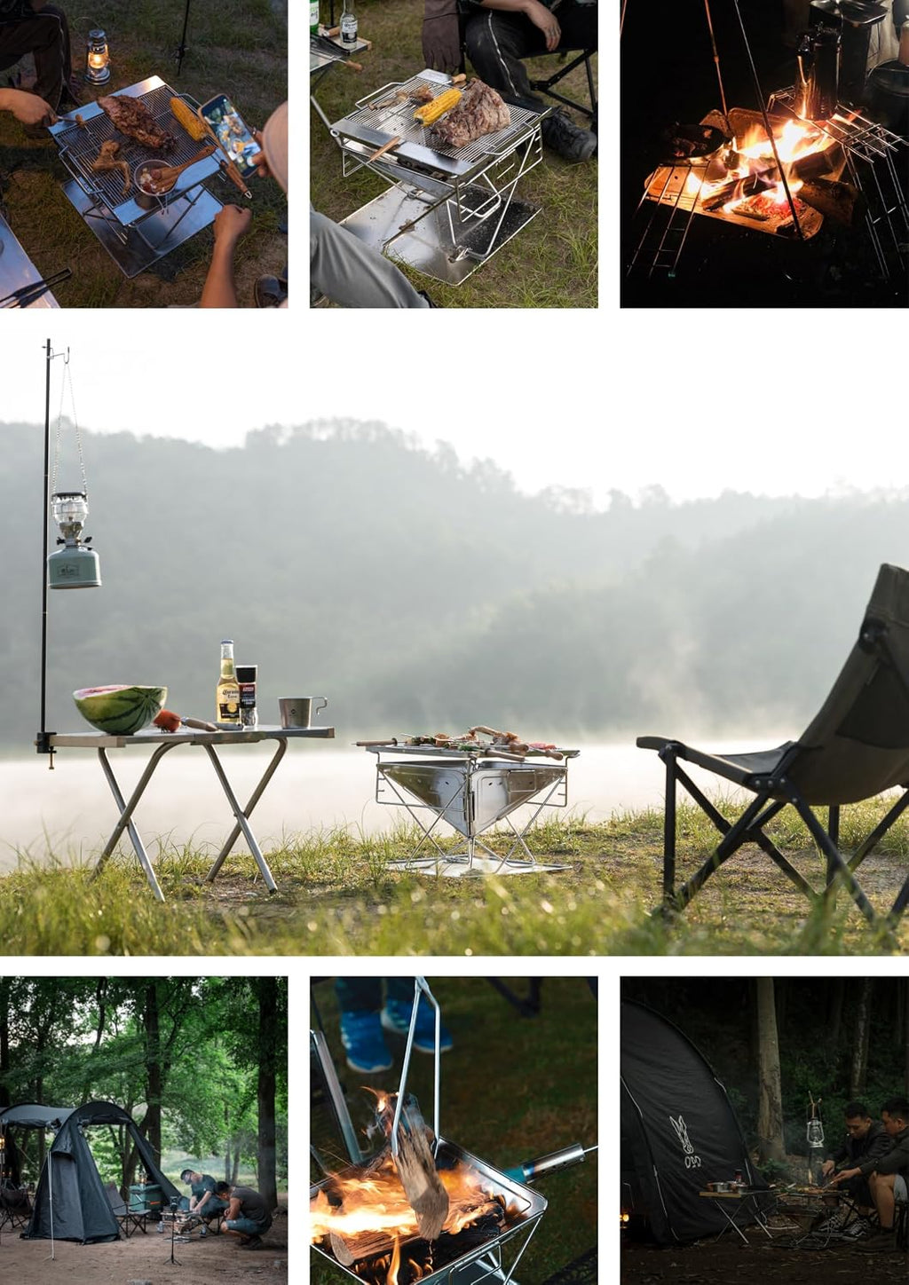 CAMPINGMOON 3 in1 Flatpack Portable Fire Pit Grill 16 inch Heavy Duty Stainless Steel Wood Burning Camping Stove Adjustable Height Backyard Outdoor Cooking RV Trips Carry Bag included MT-055