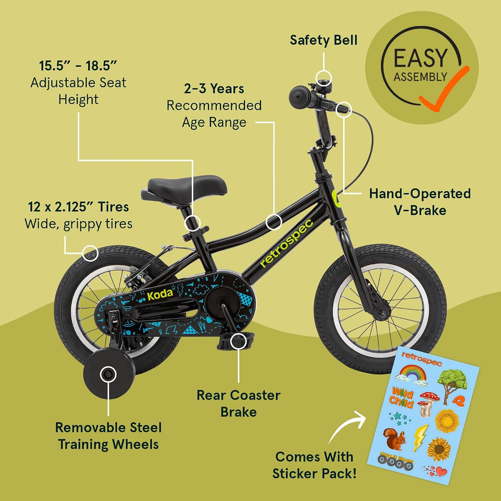 Retrospec Koda Plus Kids Bike for Boys & Girls Ages 2-3 Years - Children's Bicycle, Adjustable Seat & Handlebars, Removable Training Wheels, Front Hand Brakes, Rear Coaster Brake & Safety Bell