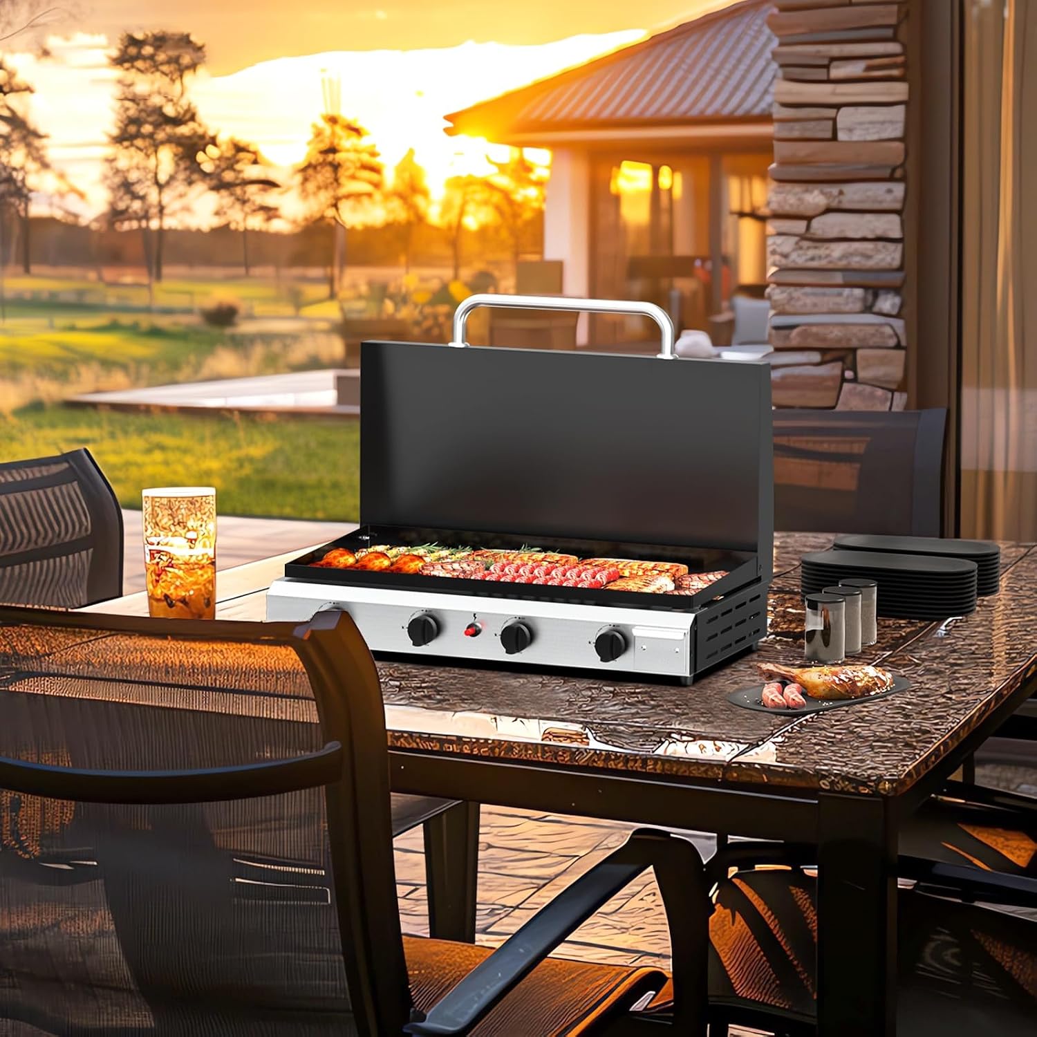 Bonnlo 4 Burner Portable Propane Griddle with Lid, 40000BTU Tabletop Flat Gas Grill with Ignition and Oil Collector, Camping Griddle for Outdoor Cooking Patio Backyard Sandbeach BBQ Party
