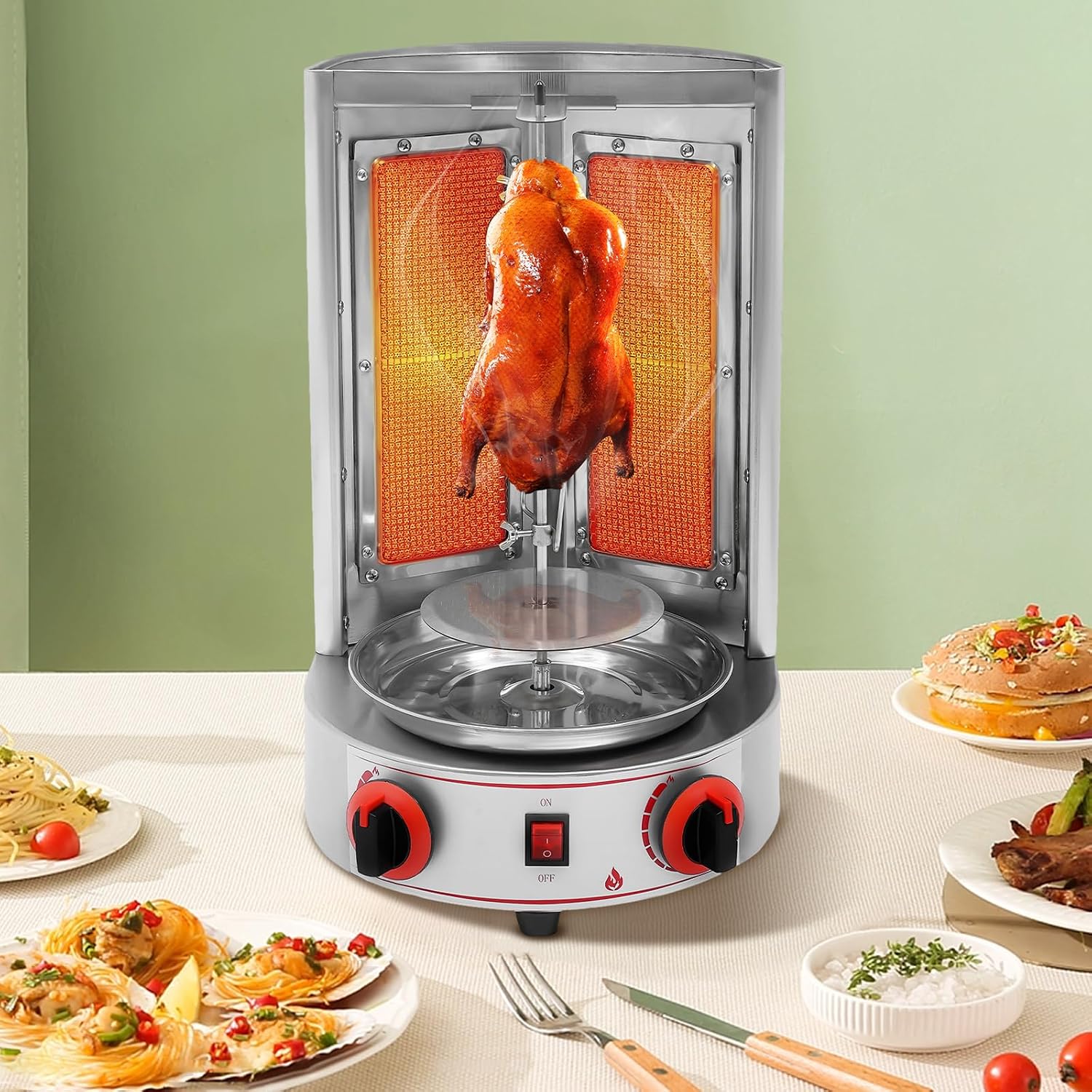 Gas Shawarma Machine Countertop Rotating Doner Kebab Oven Broiler Gyro Maker 360° Rotating Vertical Broiler With 2 Burners, 3000w Efficient Heating For Home/Outdoor Bbq, Kebab/Doner/Grill