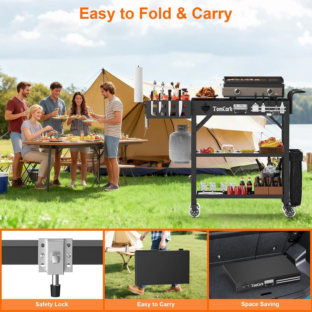 TomCare Grill Table with 3-Tier Storage Shelves Lockable Wheels Grill Cart with Silicone Grill Mat Heavy Duty Outdoor Tabletop Griddle Stand Holds 500Lbs Fits 22' Blackstone Ninja Cuisinart BBQ Grill