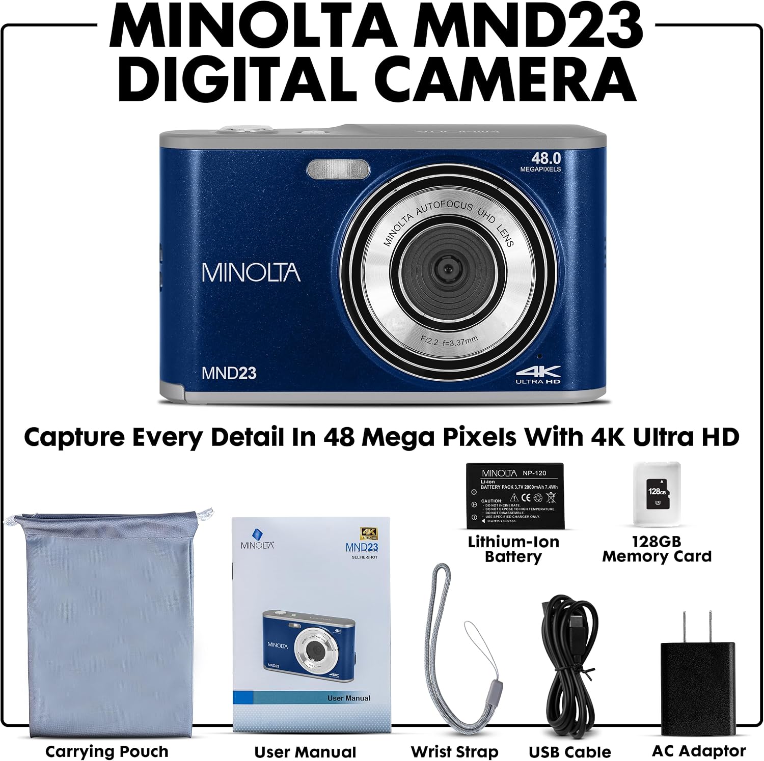 Minolta 48MP Digital Camera with Rear Selfie Lens – 4K Ultra HD Video, 2.8' LCD Screen, 16X Digital Zoom, Autofocus, Slow Motion, Time Lapse, Filters, Scene Modes, 32GB Card Included (Blue)