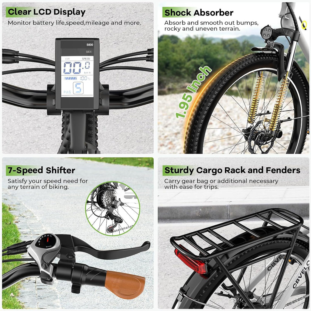 Cybervelo 750W Peak Electric Bike for Adults,up 80 Miles Removable Battery Ebike, 26' Electric E Bike with 7-Speed,Adult Electric Bicycles for Commute Beach Snow Womens/Man All Terrain