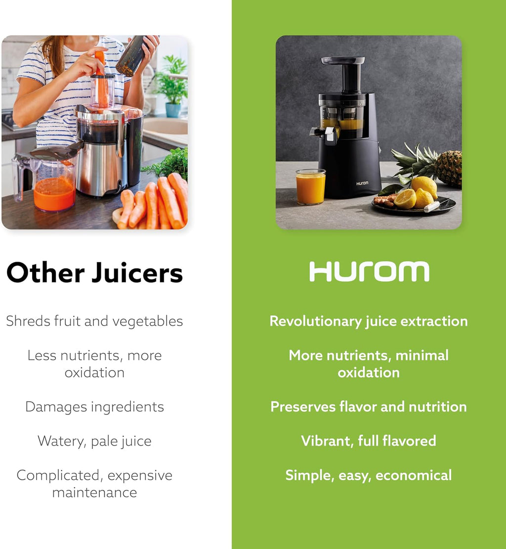 Hurom H-AA Cold Press Juicer Machine, Easy to Clean Masticating Slow Juicer, Coarse Strainer, Adjustable Lever, Minimal Juice Pulp, High Nutrient Extraction (Black)