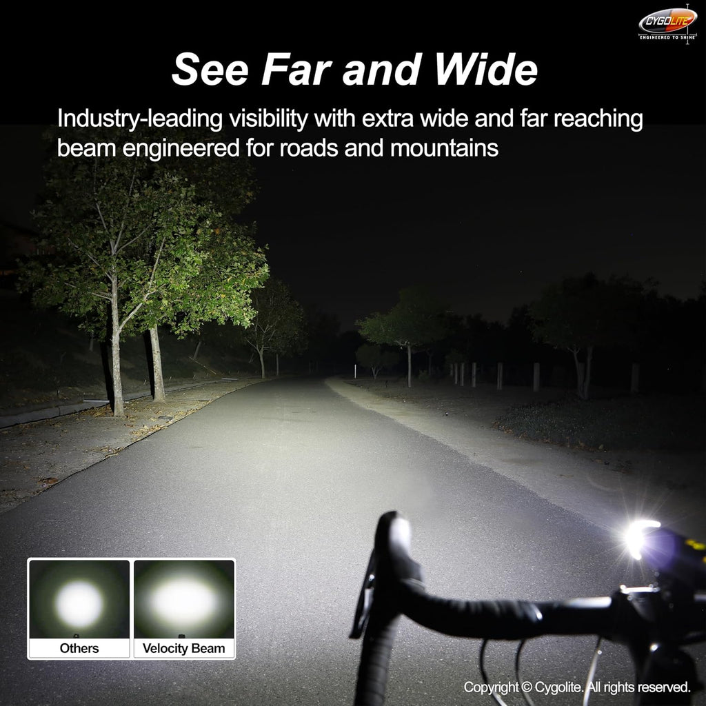 Cygolite Velocity 1600, 1200, 1000, 800 Lumen USB-C Bike Lights – Anodized Aluminum Alloy – 9 Light Modes – Fine Tunable Brightness - Compact, IP67 Waterproof – Hard Mount – Road & Mountain