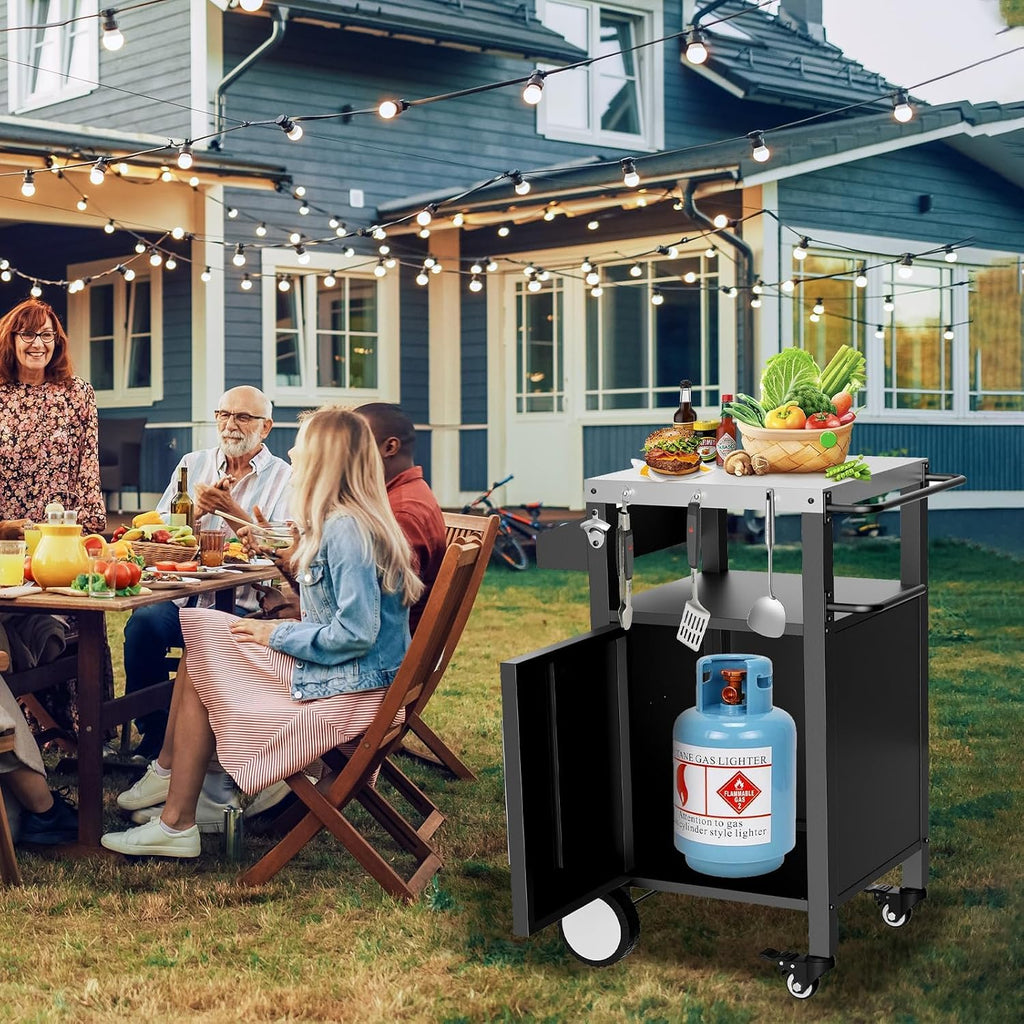 Outdoor Grill Cart with Storage, Stainless Steel Top, Movable Patio Kitchen Island, Rolling BBQ Cart, Dining Serving Cart for Family Party, Food and Others Prep Station, Black